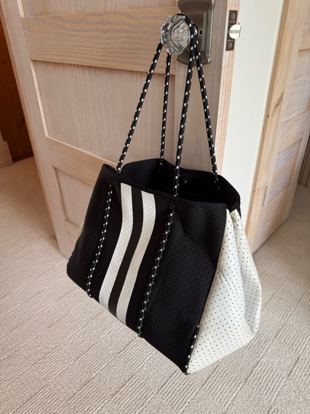 Black Perforated Neoprene Tote Bag with Contrast Trim